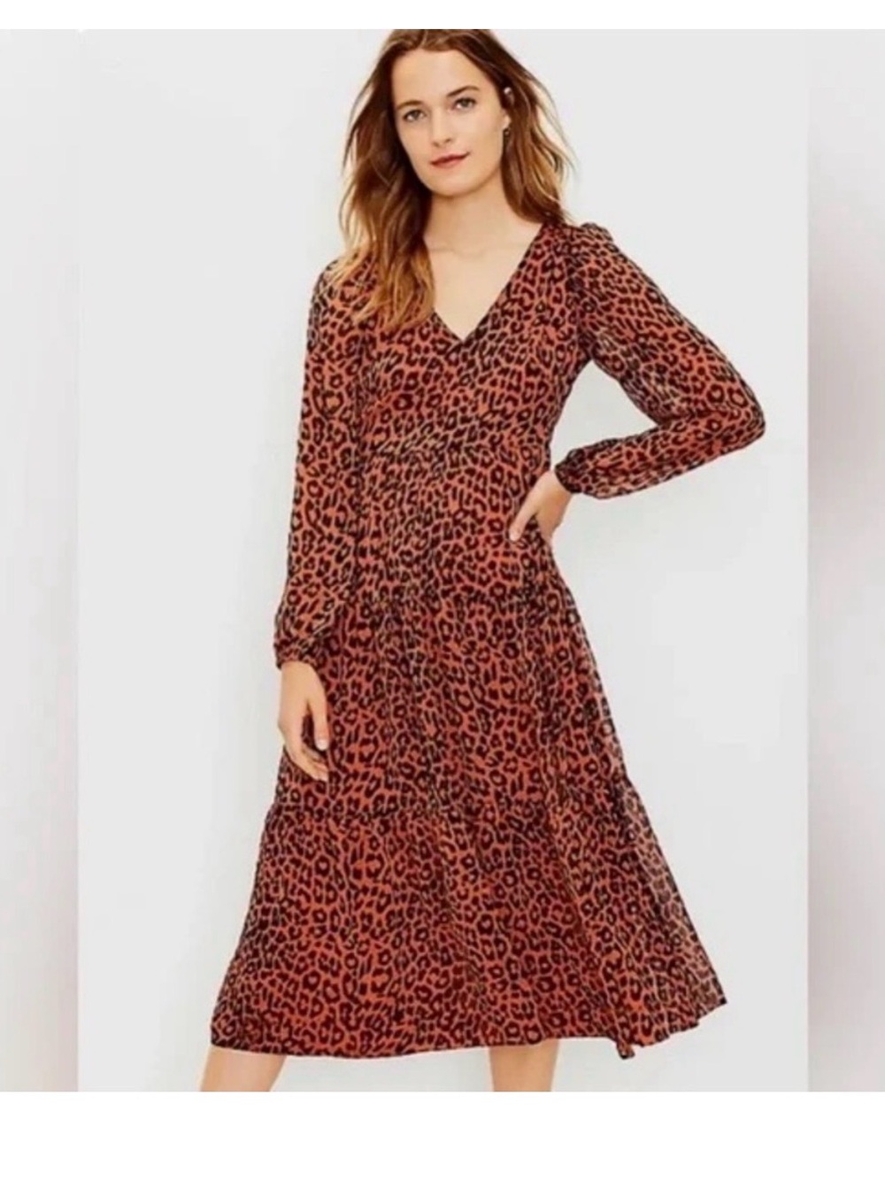 LOFT Leopard Print Tiered V-Neck Midi Dress – Size 8